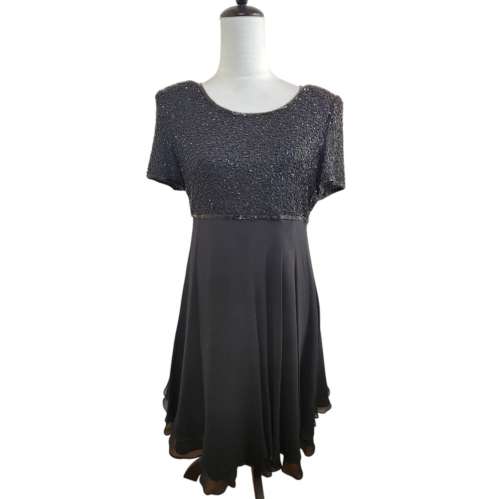 Laurence Kazar New York Black Beaded Silk Dress‎ Cocktail Party Womens Medium M